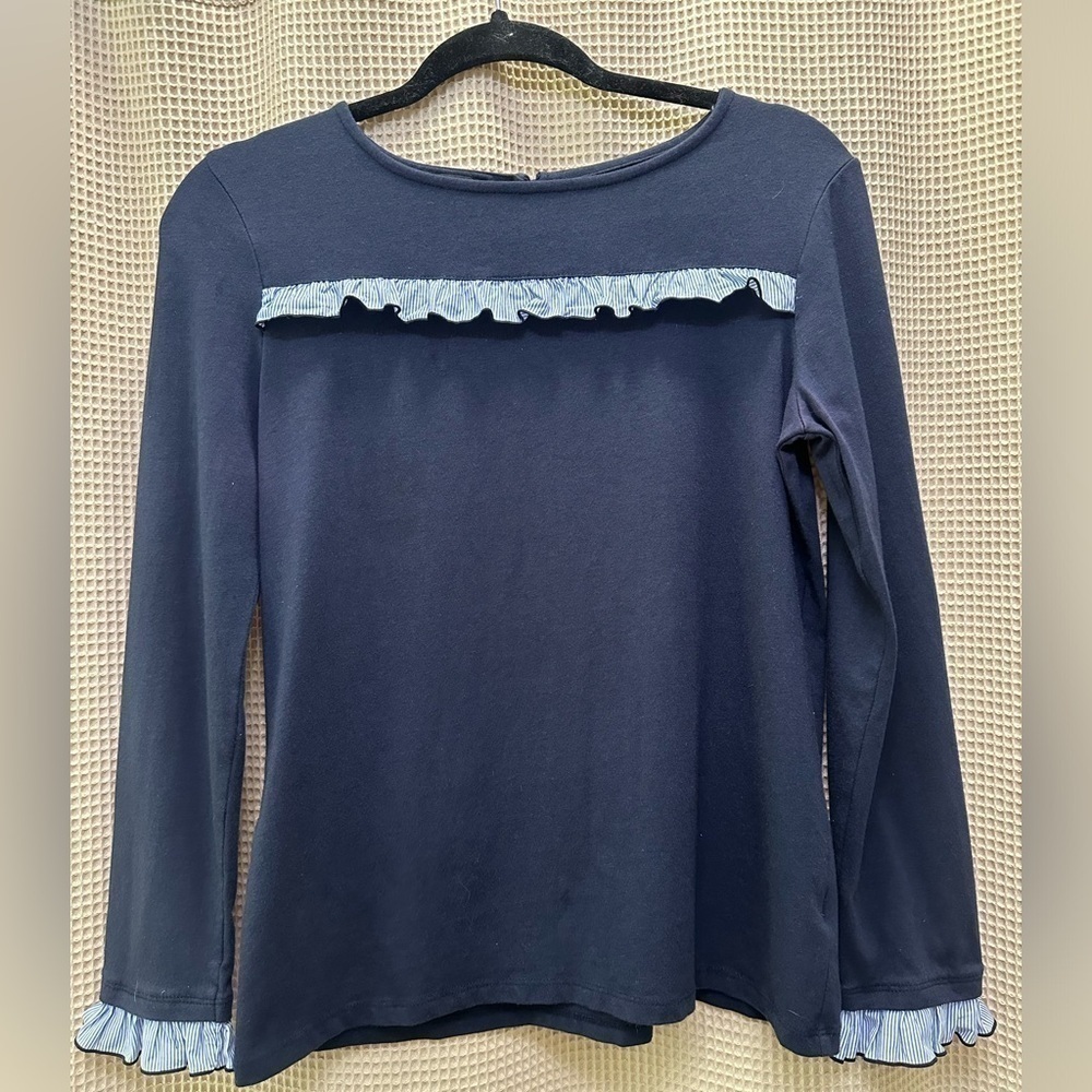 Talbots Navy Striped Woven Ruffle Tee - Picture 2 of 8
